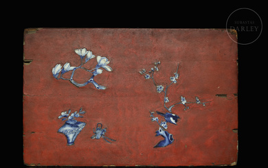 Wooden plaque with lacquer and porcelain, Qing Dynasty