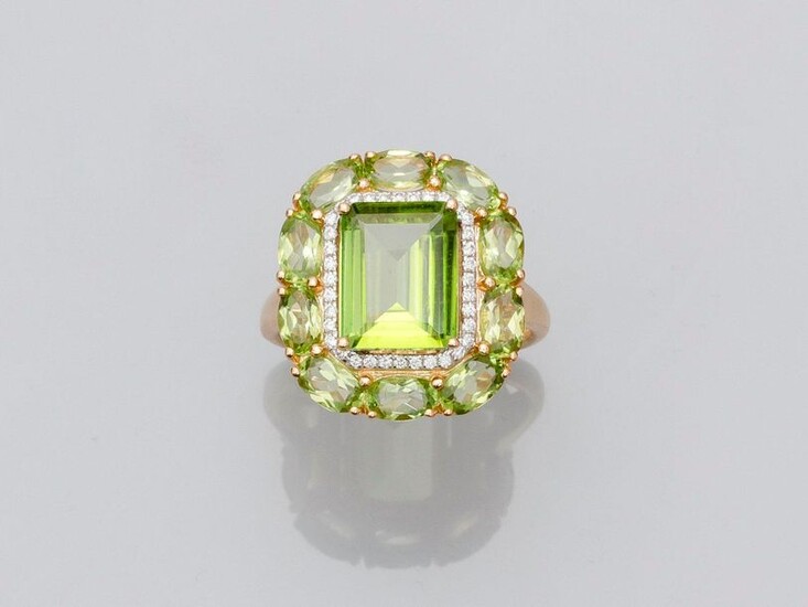 Yellow gold ring, 750 MM, set with an emerald-cut peridot with cut sides weighing about 6 carats in a row of diamonds surrounded by a frieze of peridots, size: 54, weight: 6.1gr. rough.