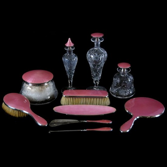 (10) Piece Vanity Set, Guilloche, Enamel & Sterling