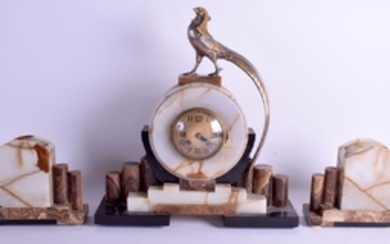 A LARGE FRENCH ART DECO MARBLE CLOCK GARNITURE. Mantel
