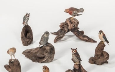 Seven Miniature Carved and Painted Raptor Figures