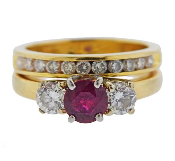 14K 18K Gold Diamond Ruby Wedding Bridal Ring Set