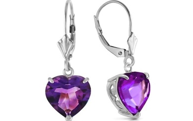 14K Solid White Gold Leverback Earrings Natural 10mm Heart Amethysts
