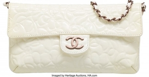 16073: Chanel White Patent Leather Camellia Embossed Cl