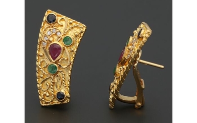 18 kt. Gold - Earrings Ruby, Sapphire, Emerald - Diamond