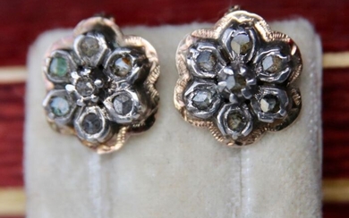 18 kt. Gold, Silver -Antique Earrings - 0.42 ct Rose cut diamonds - handcrafted Germany