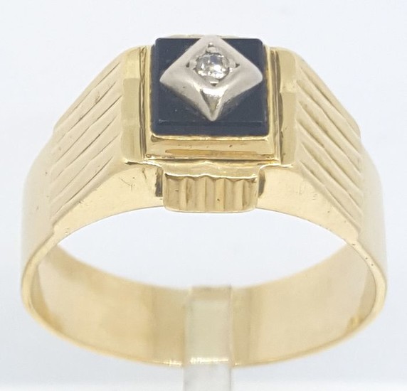 18 kt. Yellow gold - Ring - 0.03 ct Diamond - onyx