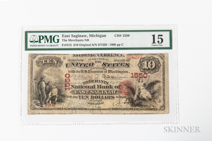 1865 Original Merchants National Bank of East Saginaw, Michigan $10 Note, Ch. 1550, PMG Choice Fine 15