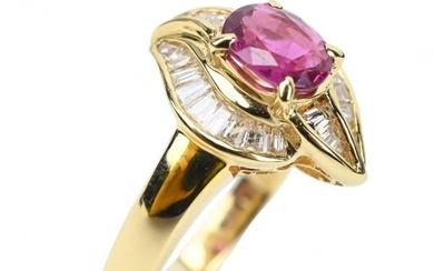 18K Yellow Gold Solitaire Ruby & Pave Diamond Ring
