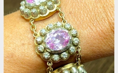 18K Yellow Gold & Silver Pink Quartz and Diamond Bracelet