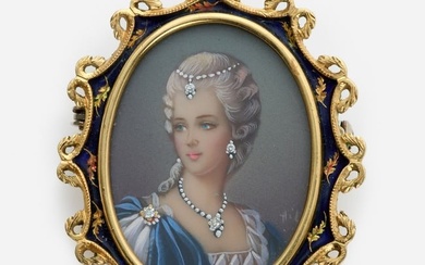 18k Painted Portrait Brooch Pendant w/ Diamonds Signed ‘HIL’, Italy