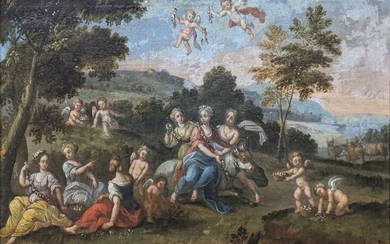 18ème siècle Ecole continentale, Chérubins jouant dans un parc, huile sur toile, H.37cm L.52cm