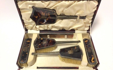 1930s silver and tortoiseshell dressing table brush and mirror set in fitted case