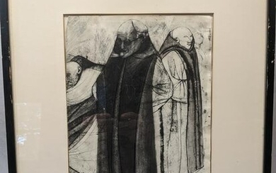 1955 Signed G Barone? B&W Lithograph of Monks