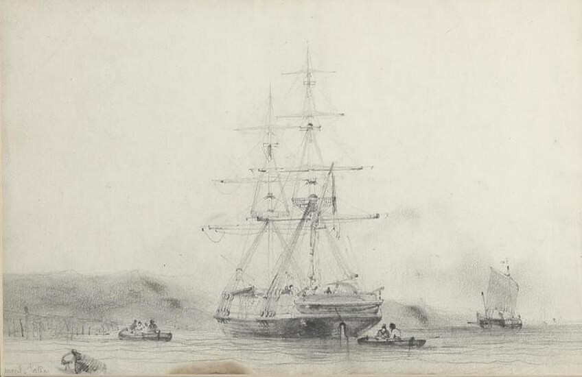 19TH CENTURY DRAWING OF SHIP AND BOATS