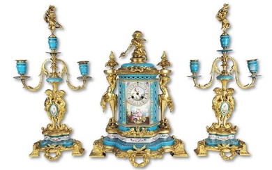 19th C. Sevres Porcelain & Bronze Jewelled Clockset