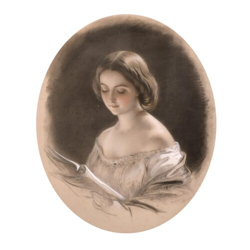 19th Century English School. Study of a Girl Reading, Chalk,...