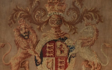 19th Century, a Georgian needlework sampler, The Coat of Arms for George III, framed, having gilt