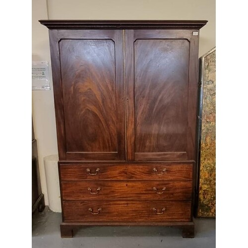 19th Century mahogany two stage linen press cupboard, the mo...