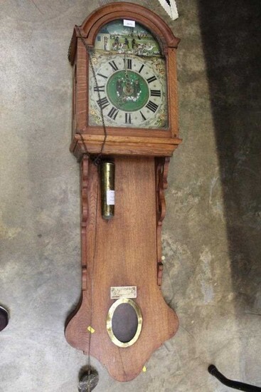 19th century Dutch wall clock with painted figural dial and weight driven movement with alarm