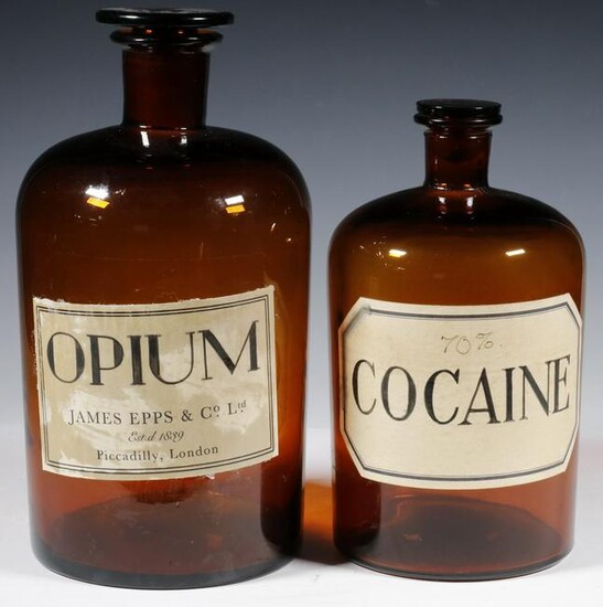 (2) BROWN GLASS APOTHECARY JARS WITH STOPPERS, OPIUM &