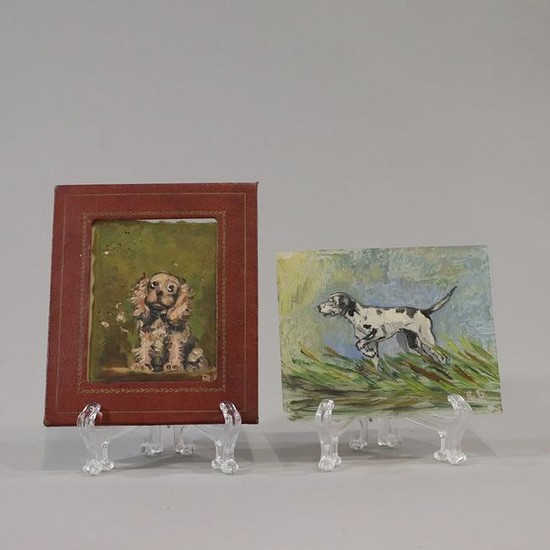 [2] Miniature Oil Paintings of Dogs Signed Initials RB