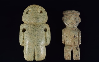 2 Pre-Columbian original carved stone figures. 1) Largest carved green stone. 3.125in long. 2)