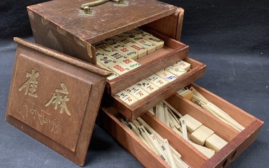200+ Mah Jongg Bone & Wood Pieces W Box