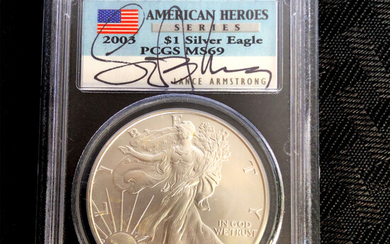 2003 Silver Eagle Hero's Signed Label PCGS MS69