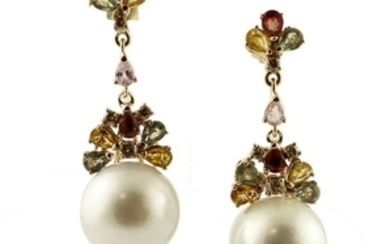 14 kt. Yellow gold - Earrings - Diamonds, Pearls, Sapphires