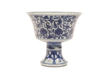 A CHINESE BLUE AND WHITE STEM BOWL. Qing...