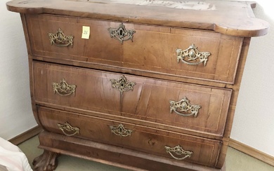 3-bay chest of drawers, mahogany, surface veneer damaged, decorated with...