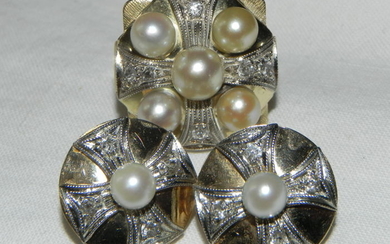 14 kt. - Art Deco Set 585 Gold Ring and Arringas Diamond - Pearl