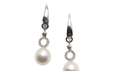 3383573. A PAIR OF DIAMOND AND CULTURED PEARL DROP EARRINGS.
