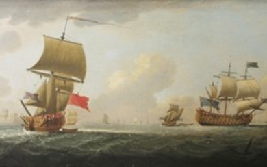 Attributed to Peter Monamy (1681-1749) SHIPPING OFF ST HELIER, JERSEY Oil on canvas 50 x 92cm, in a ...