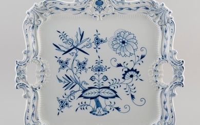 MEISSEN "BLUE ONION" PATTERN PORCELAIN TEA TRAY Square, with two handles and elaborate shell and crest border. Second-quality crosse...