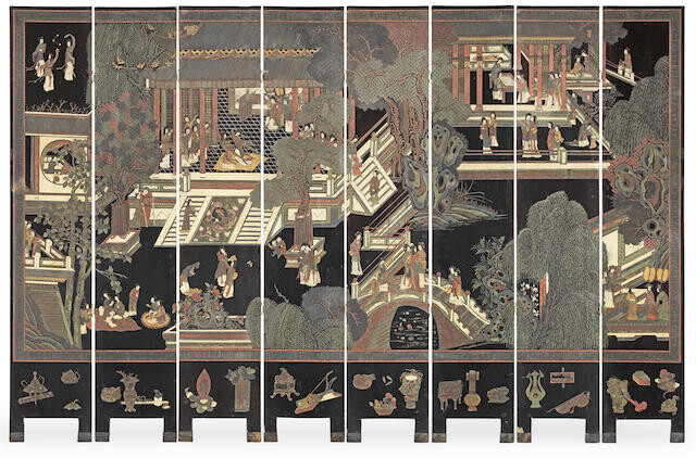 A coromandel lacquer eight-leaf 'Palace Ladies' screen