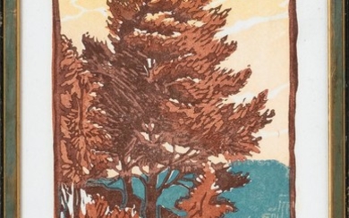 MARY A. PEARSON, Early 20th Century, Trees on a hill., Woodblock print, 11" x 7.5". Framed 11.75" x 8.25".