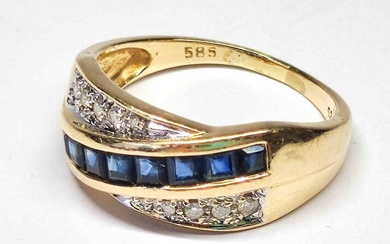 585 14K DR or diamant saphir bague sertie de 10 diamants, 8 saphirs, complet, poids...
