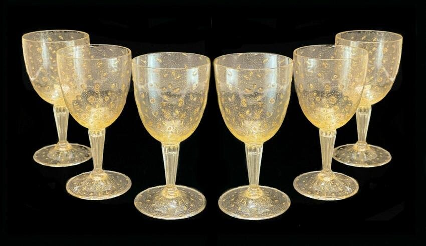 6 Venetian Gold Fleck Bubble Water Glasses, circa 1950