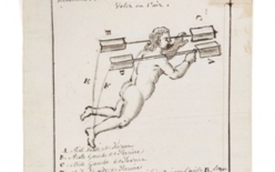 [MACHINE À VOLER] « Machine d’une nouvelle invention pour voler en l’air » : manuscrit enrichi d’un dessin à pleine page à l’encre et 2 gravures représentant la chute d’Icare