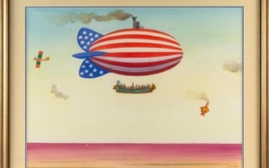 ANDRZEJ CZECZOT, Poland, 1933-2012, Patriotic hot air balloon., Watercolor on paper, 20.75" x 28" sight. Framed 29" x 35".