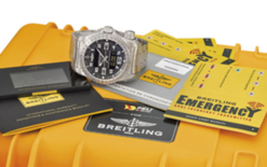 BREITLING. A LARGE TITANIUM MULTIFUNCTION PILOT’S FLYBACK CHRONOGRAPH WRISTWATCH WITH ANALOG AND DIGITAL DISPLAY, ALARM, DATE, DAY OF THE WEEK, MONTH, YEAR, COUNTDOWN TIMER, POWER RESERVE, INTERNATIONAL WARRANTY AND BOX, SIGNED BREITLING, DUAL...
