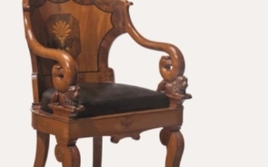 AN EMPIRE MAHOGANY, YEW AND MARQUETRY FAUTEUIL, BY JACOB DESMALTER, CIRCA 1810