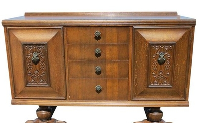 English Relief Carved Tudor Style Sideboard Buffet With