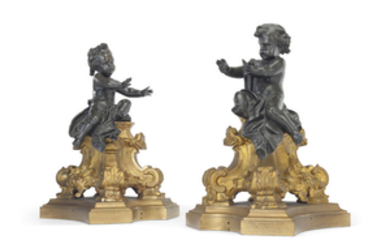 A PAIR OF LOUIS XV STYLE ORMOLU AND PATINATED-BRONZE CHENETS, LATE 19TH CENTURY