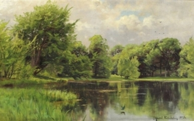 Peder Mønsted: Landscape with swallows Badstuedammen. Signed and dated P. Mönsted Frederiksborg 1892. Oil on canvas. 35 x 55 cm.