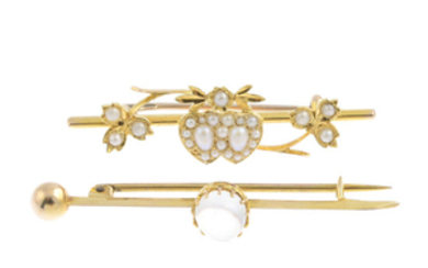 Two early 20th century gold moonstone and split pearl bar brooches.