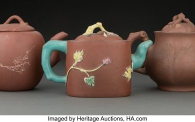 78073: A Group of Three Chinese Yixing Teapots Marks: (