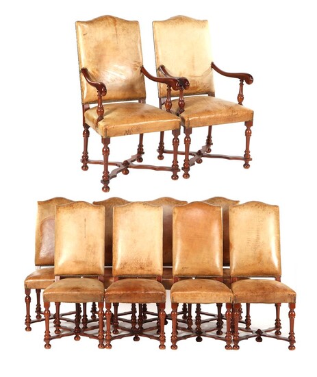 (-), 8 leather dining room chairs and 2...
